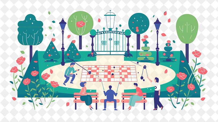 PSD a colorful illustration of people playing a game with a man sitting at a table