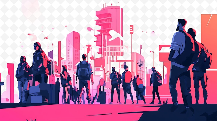 PSD a colorful illustration of people standing in front of a city