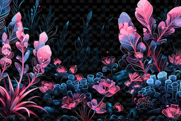 A colorful illustration of plants and plants with purple and pink flowers