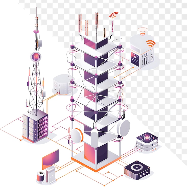 PSD a colorful illustration of a radio tower with a red and blue box on the top