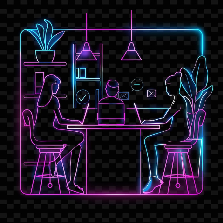 PSD красочная иллюстрация ресторана с человеком, работающим на ноутбуке