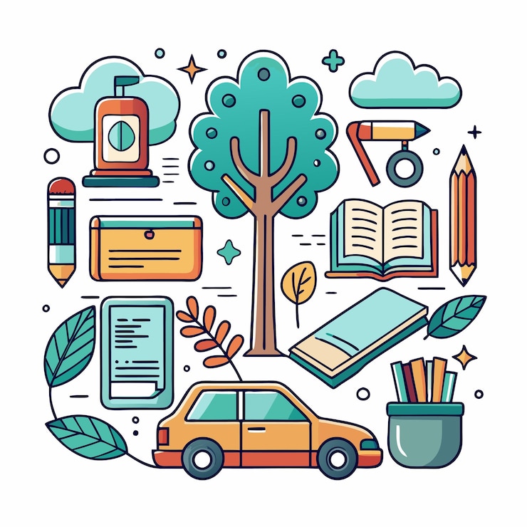 PSD a colorful illustration of a smart car and a tree with the words travel on it