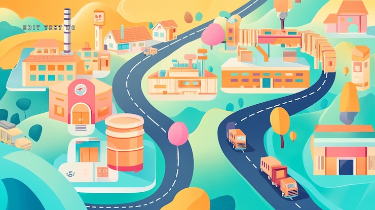 PSD 工場道路配達トラックがある町のカラフルなイラスト