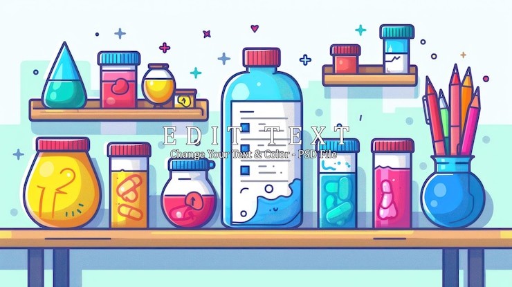 PSD a colorful illustration of various bottles jars and tubes on a wooden shelf