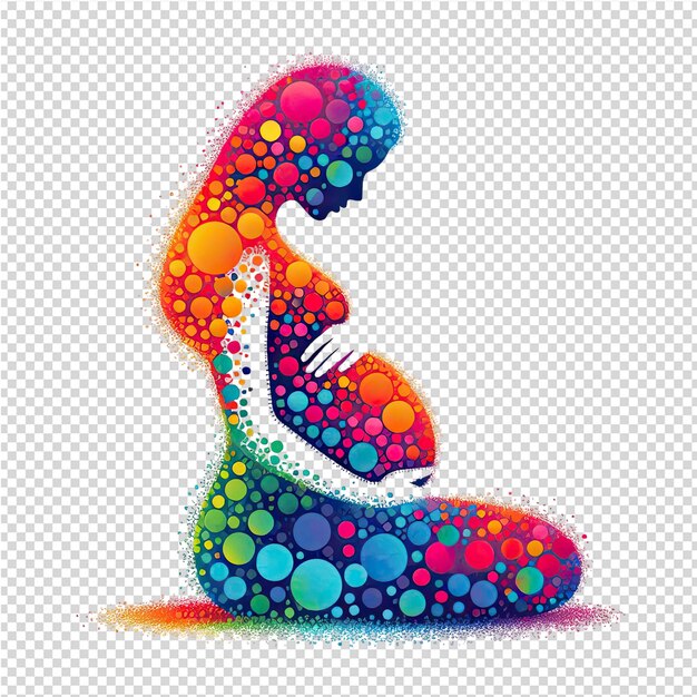 A colorful image of a pregnant woman with colorful dots on her back
