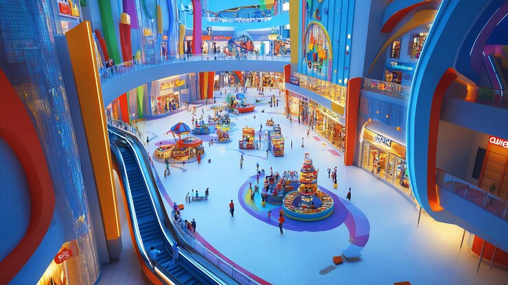 PSD colorful indoor shopping mall with escalator play area and shoppers
