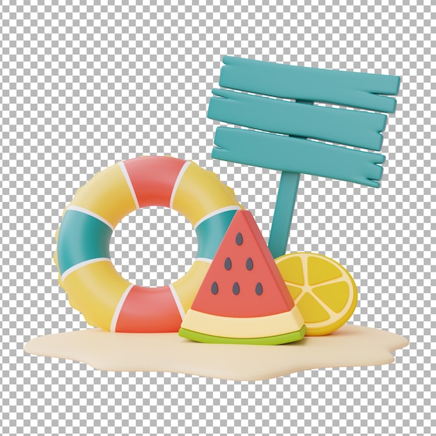 Colorful inflatable ring fruits and signpost isolate on white backgroundsummer beach elements3d renderingxA