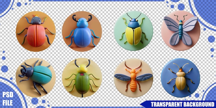PSD colorful insect illustrations on circles