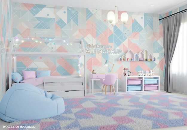 PSD colorful interior kids bedroom wall mockup