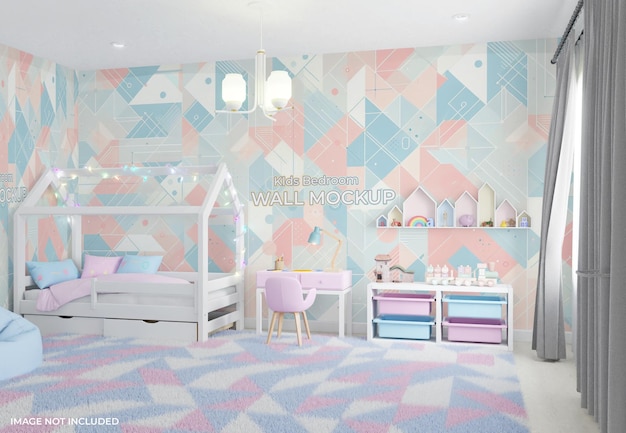 PSD colorful interior kids bedroom wall mockup