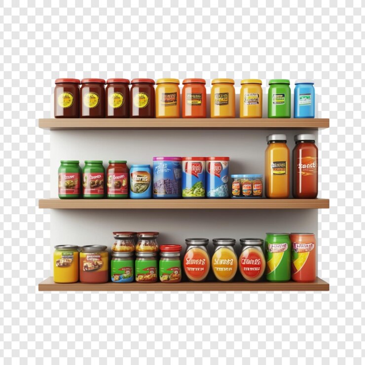 PSD colorful jars and cans on wooden shelves a delightful grocery display