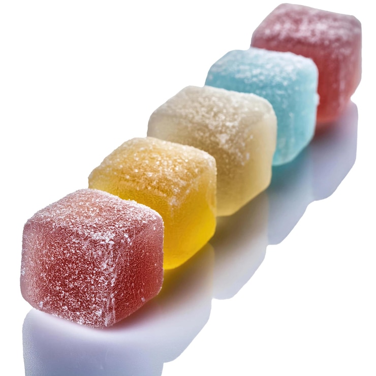 PSD colorful jelly candies on a white surface
