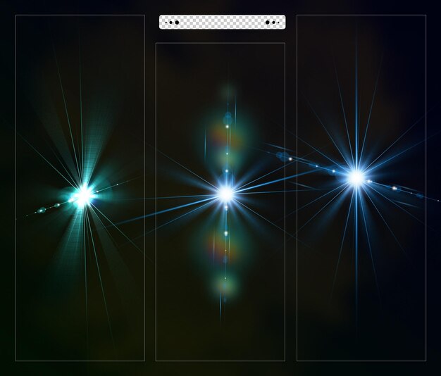 PSD 어두운 배경에서 다채로운 렌즈 플레어 컬렉션 및 조명 렌즈 플레어