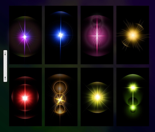 PSD colorful lens flare collection and lighting lens flare in dark background