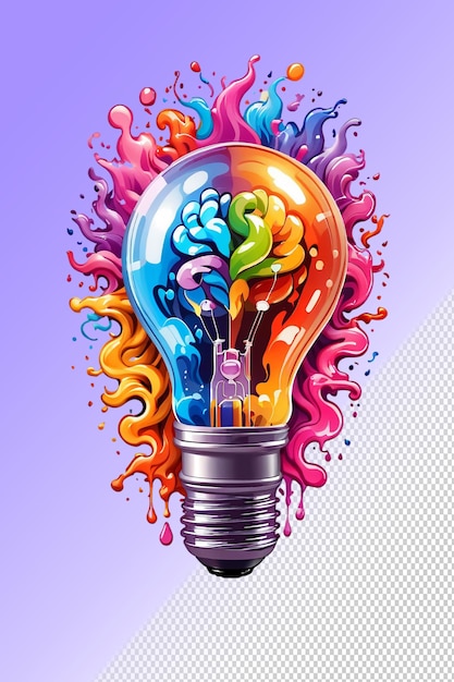 A colorful light bulb with colored liquid and a purple background