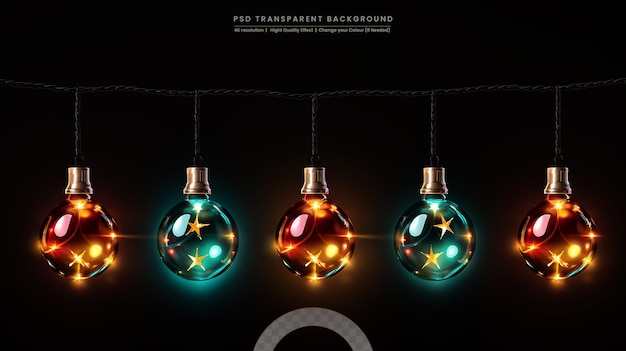 PSD colorful light bulbs garland isolated on black background