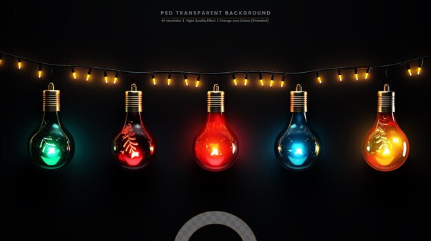 PSD colorful light bulbs garland isolated on black background