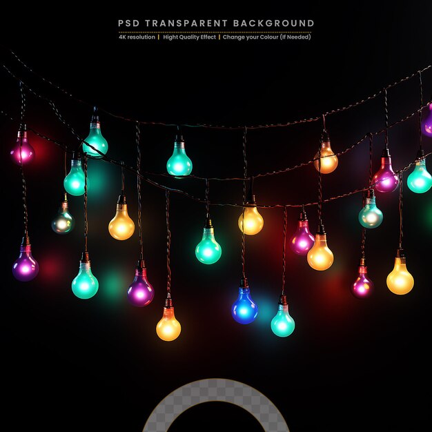 PSD colorful light bulbs garland isolated on black background