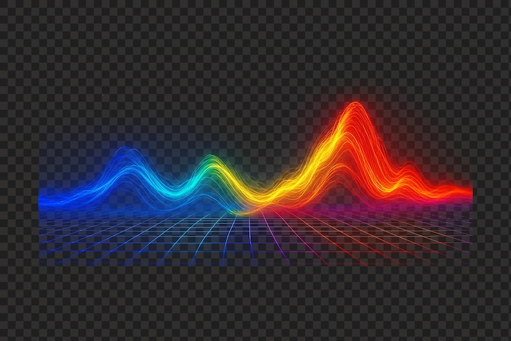 PSD colorful light waves flowing over retro grid blue green yellow orange red neon glowing energy png