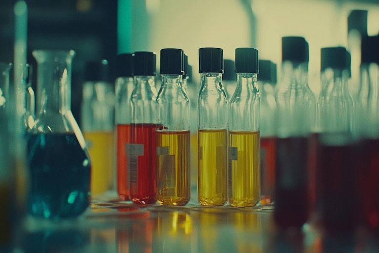 PSD colorful liquid samples in glass vials and flask on lab table