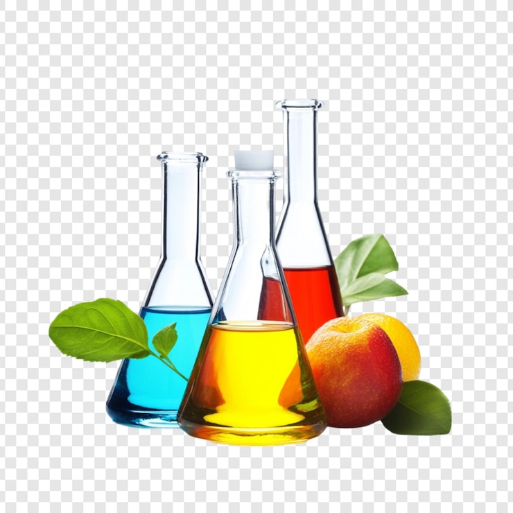 PSD colorful liquids in beakers with fruit and leaves natural science experiment