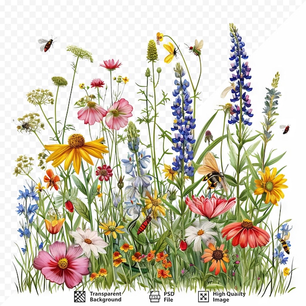 PSD colorful meadow and garden flowers with insects isolated
