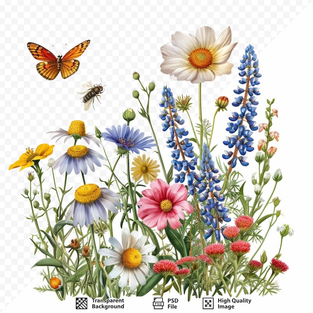 Colorful meadow and garden flowers with insects isolated