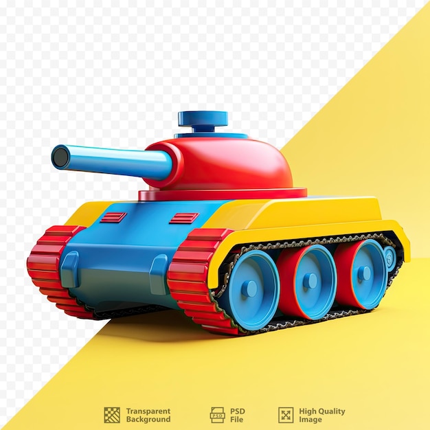 A colorful model of a tank with a blue top and red and blue on it.