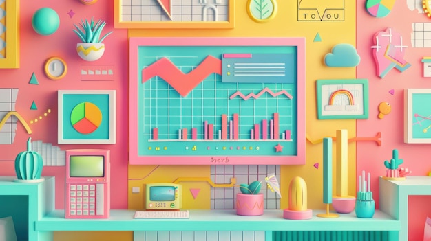 a colorful and modern 3d illustration of a desk with a computer monitor displaying graphs and charts surrounded by various colorful geometric shapes and objects