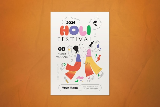 PSD colorful modern hand drawn holi festival flyer