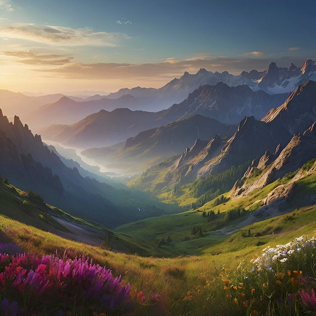 PSD colorful morning mountain scenery