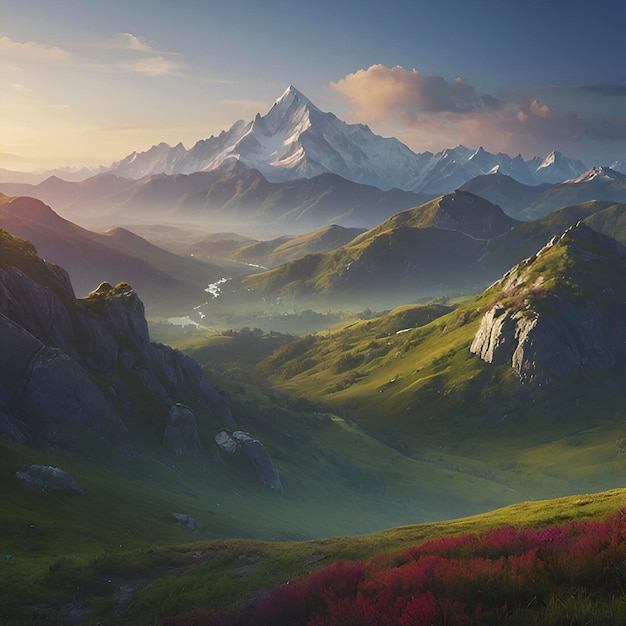 PSD colorful morning mountain scenery