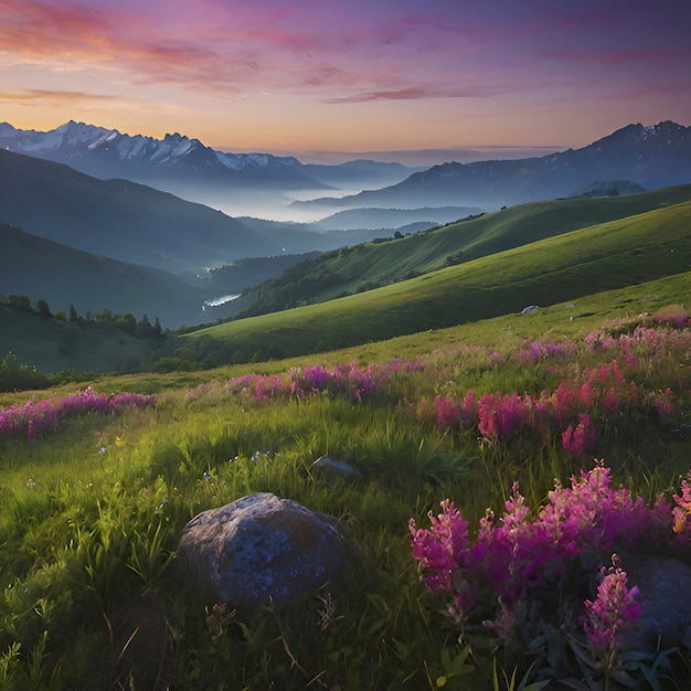 PSD colorful morning mountain scenery