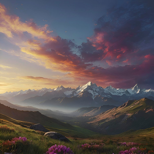 PSD colorful morning mountain scenery