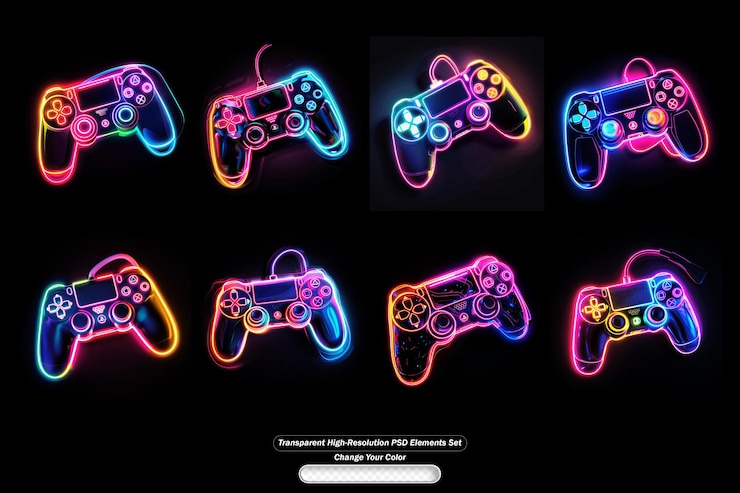 PSD colorful neon game controller set with transparent background for creative designs