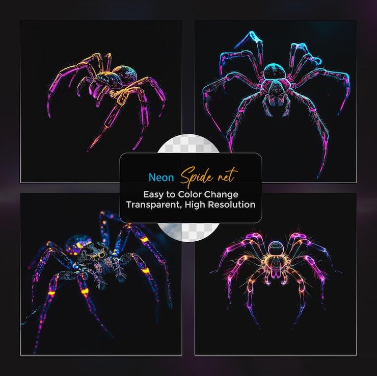 PSD colorful neon spider net set on transparent background