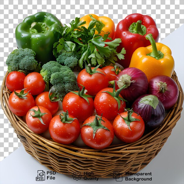 PSD colorful organic vegetables in a basket is shown on a transparent background