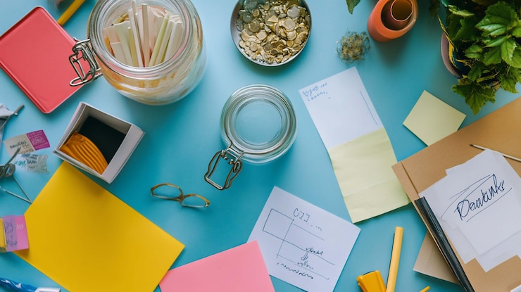PSD colorful organized workspace with various stationery items sticky notes and a glass jar flat lay overhead view