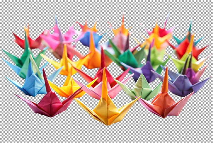 PSD 色とりどりのオリガミ紙のクレーンは希望と平和を象徴しています