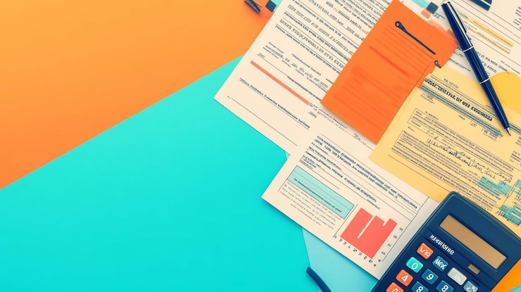 PSD colorful overhead view of financial documents bills and a calculator