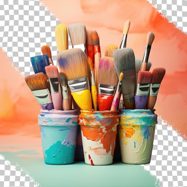 PSD colorful paint buckets and brushes isolated on a transparent background in an image