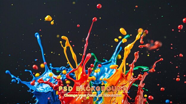 PSD colorful paint splashes and drips against a black background