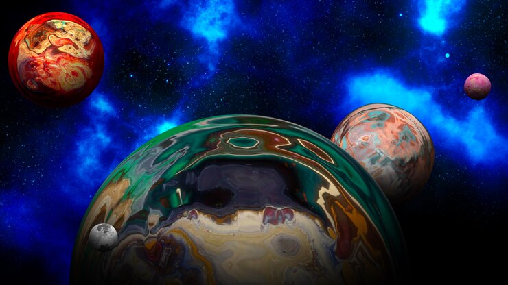 PSD a colorful painting of a planet with a planet in the background