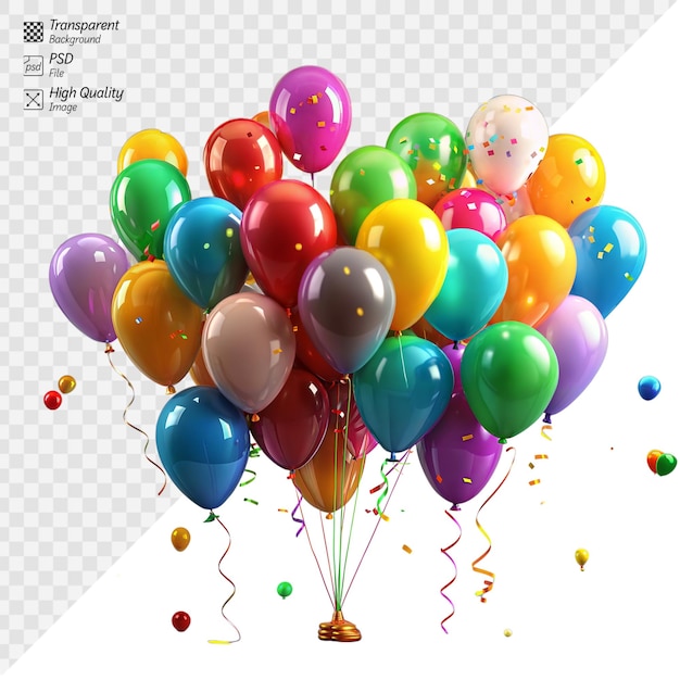 PSD colorful party balloons with confetti and ribbons floating