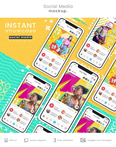 PSD colorful phone mockup with social media posts