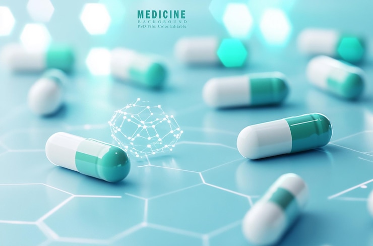 PSD colorful pills and tablets on a table in a medical background closeup of colorful pills spilling