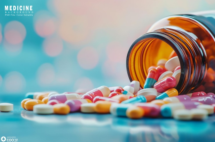 PSD colorful pills and tablets on a table in a medical background closeup of colorful pills spilling