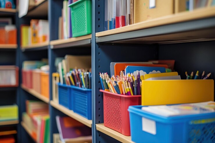 PSD colorful plastic bins filled with pencils and art supplies are organized on a bookshelf in a classroom