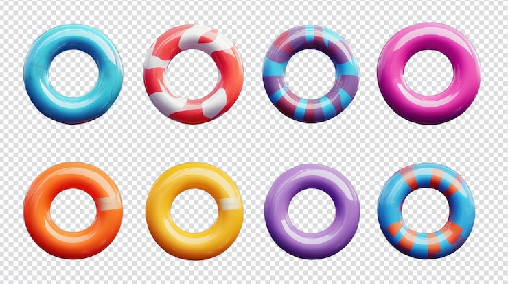 PSD colorful pool float rings arranged in a grid pattern showcasing summer fun and vibrant designs for recreational swimming activities