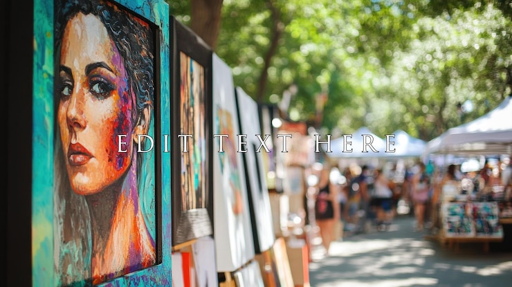 PSD colorful portrait painting displayed at outdoor art fair with blurred background of people browsing